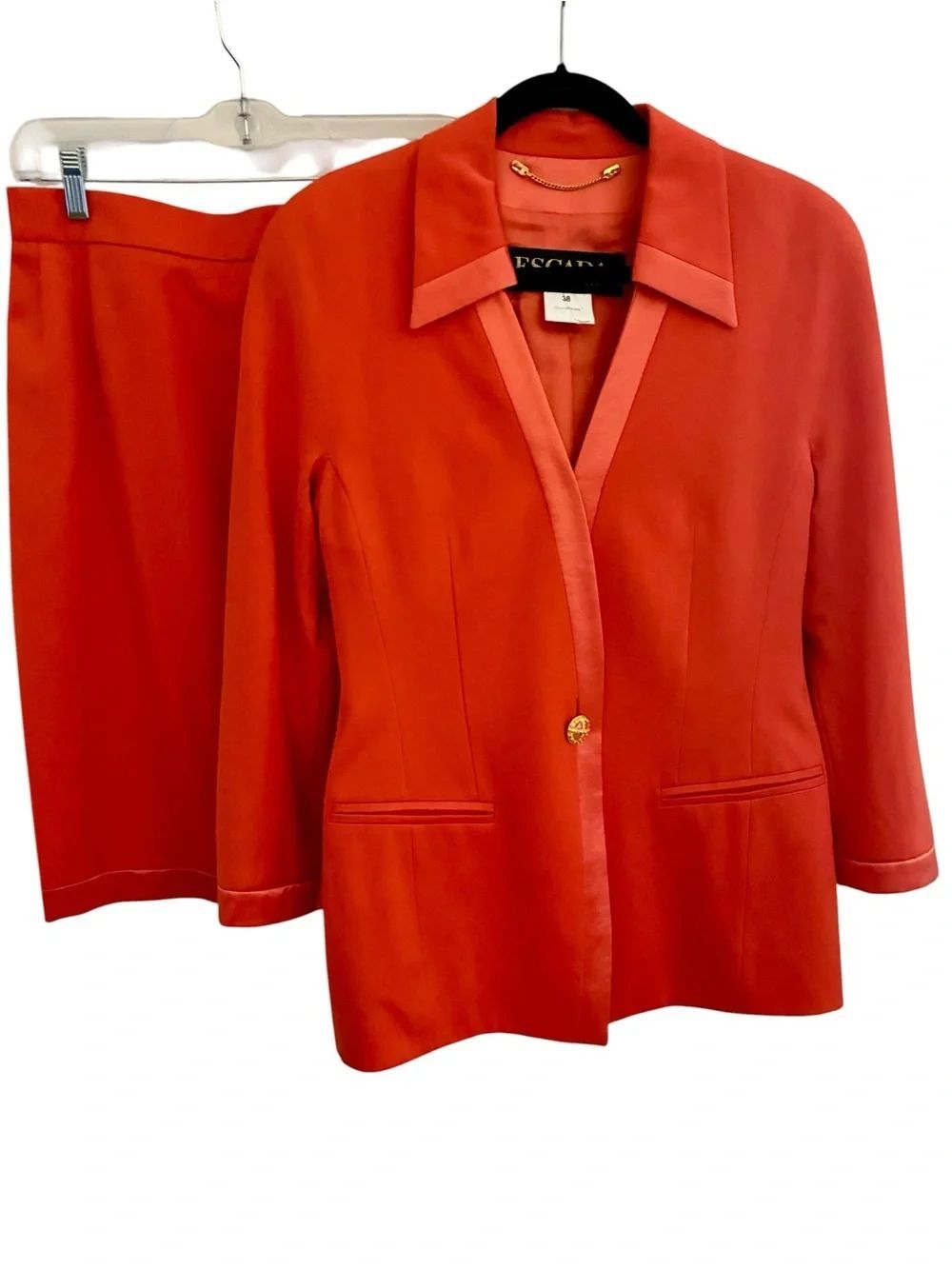 Escada Vibrant Red Single-Button Blazer and Skirt Set Woman’s Size 8